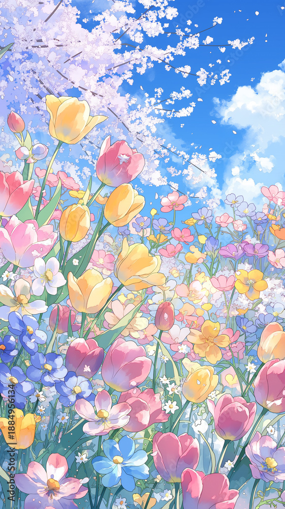 Naklejka premium 青空の下で揺れる桜と咲き誇るチューリップが印象的な春の自然風景。やさしいタッチの水彩風イラストで動画背景やブログにもぴったり