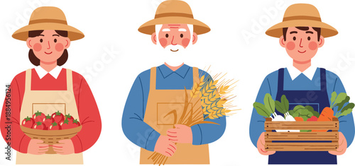 Vector set of agricultural characters featuring farmers holding baskets of tomatoes wheat and crates of organic vegetables