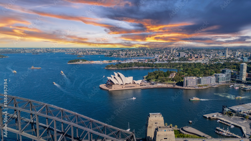 Fototapeta premium 21 January 2026 Aerial Drone View of Sydney Harbour Circular Quay on a nice Summer day beautiful Sky in Sydney NSW Australia