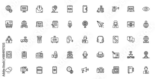 News Journal icon set. Vector illustration pack. Includes symbols for reporter, broadcasting, microphone, camera, newspaper, interview, radio, world news and more. Editable stroke.
