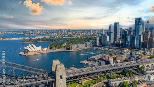21 January 2026 Aerial Drone View of Sydney Harbour Circular Quay on a nice Summer day beautiful Sky in Sydney NSW Australia