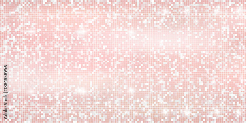 Disco ball mosaic with rose gold mirror glitter texture. Shiny creamy pink sequin pattern background. Festive glamour fashion folded fabric decoration. Glam sparkle Christmas wall. Vector illustration