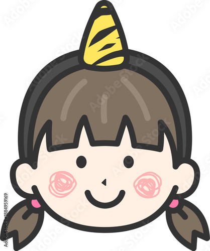 1本角の鬼のカチューシャをつけた、女の子のアイコン（線画カラー）のイラスト