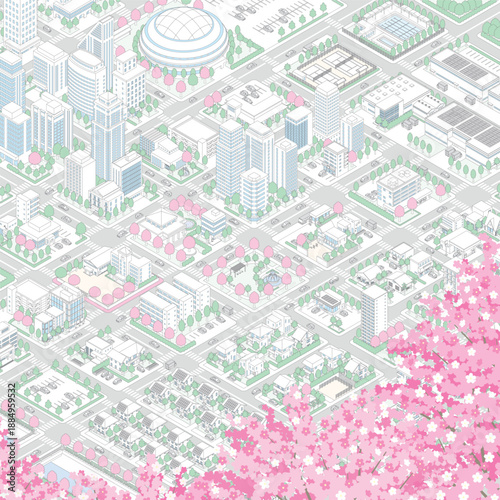 春の街並み. 街並みの立体図.