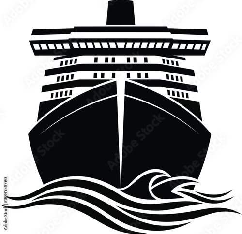 Stylized black silhouette of a large cruise ship from a front bow view sailing on waves.