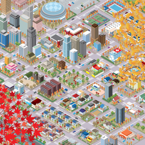 秋の街並み. 街並みの立体図.