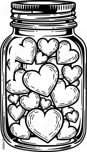Rustic mason jar filled with love hearts vector illustration black and white
