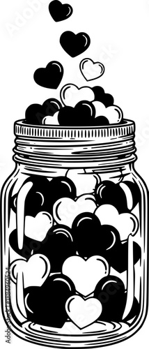 Rustic mason jar filled with love hearts vector illustration black and white

