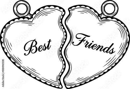Vintage BFF best friends split heart necklace charm vector illustration black and white

