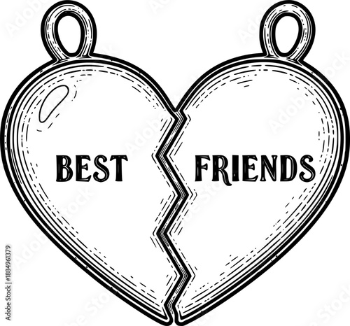 Vintage BFF best friends split heart necklace charm vector illustration black and white
