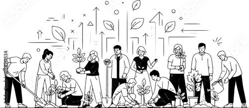 Community Tree Planting Vector - Black White Diverse People Group Collaboration Environmental Action Line Art Growth Illustration on White Background
