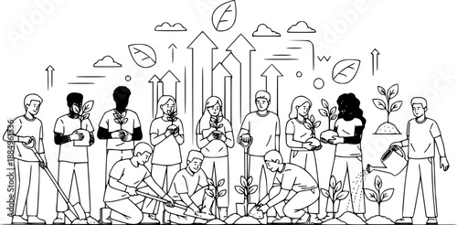 Community Tree Planting Vector - Black White Diverse People Group Collaboration Environmental Action Line Art Growth Illustration on White Background
