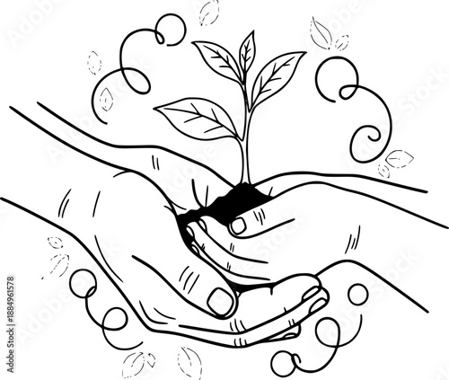 Parent Child Hands Seedling Vector - Black White Generational Community Service Nurturing Legacy Growth Line Art Illustration on White Background
