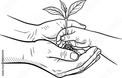 Parent Child Hands Seedling Vector - Black White Generational Community Service Nurturing Legacy Growth Line Art Illustration on White Background
