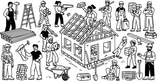 Community House Building Vector - Black White People Construction Habitat Service Tools Materials Volunteer Shelter Illustration on White Background
