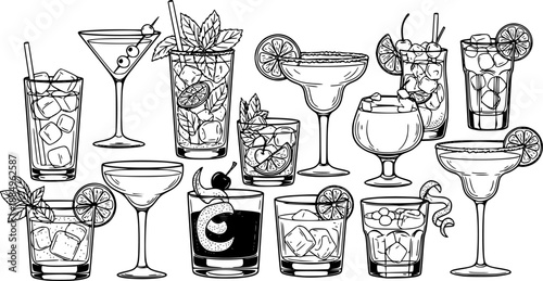 Assorted cocktails collection vector black and white illustration. Various drinks in different glasses with garnishes.
