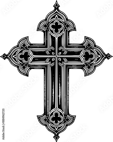 Ornate gothic cross with pointed edges in black ink
