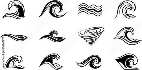 Water wave line art set. Wave beach vector symbol or logo design collection. Abstract water waves see blue vector design elements.

