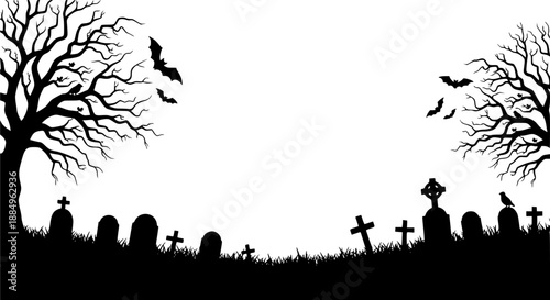 Horizontal banner with black silhouette of cemetery and trees on a white background. Nightmare landscape. Halloween vector illustration for sticker, banner, invitation, poster