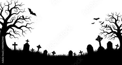Horizontal banner with black silhouette of cemetery and trees on a white background. Nightmare landscape. Halloween vector illustration for sticker, banner, invitation, poster