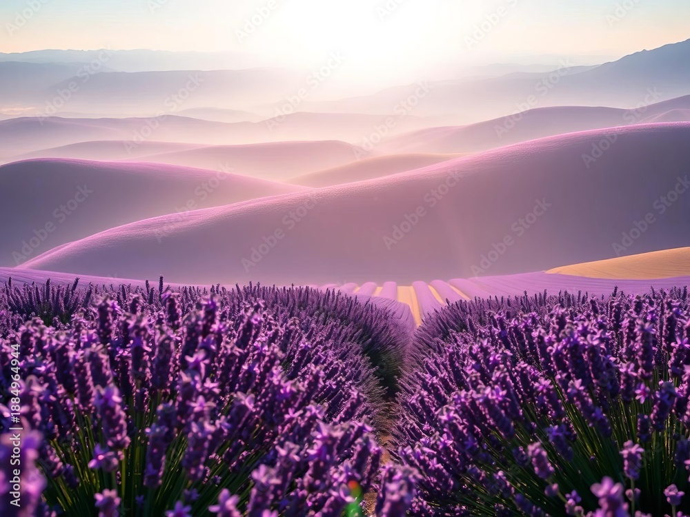 Obraz premium Lavender haze blankets rolling hills, a painterly scene of quiet, sun-drenched peace, soft focus, hills