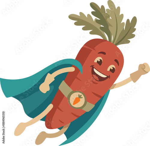 A cheerful cartoon carrot character flying with a blue superhero cape and a belt with a carrot emblem.