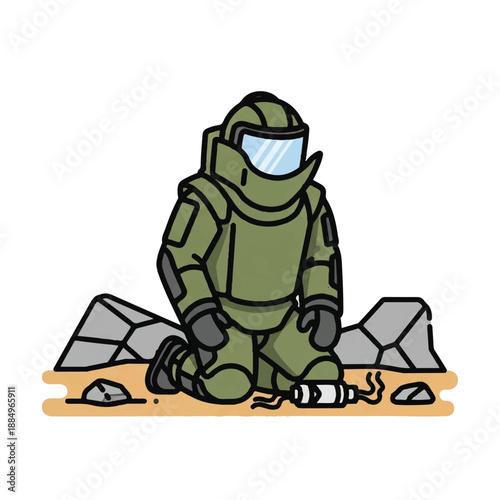 Cartoon illustration of a bomb disposal expert in a green suit kneeling on a sandy surface with rocks and a detonated device.