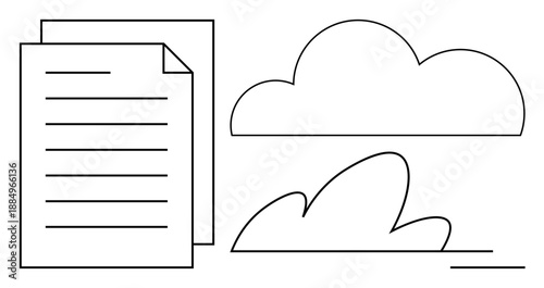 Cloud computing, data storage, digital transformation, information management, online services, document sharing. Document icon next to cloud shapes. Cloud computing and data storage visually