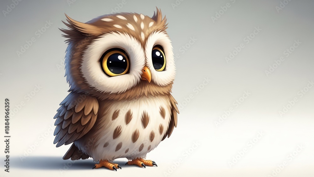 Obraz premium Adorable cartoon owl with large, captivating eyes, soft feathers and a neutral background