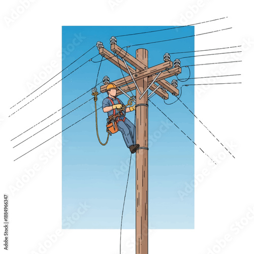 An electrician wearing a safety harness works on a wooden utility pole with power lines against a blue sky.