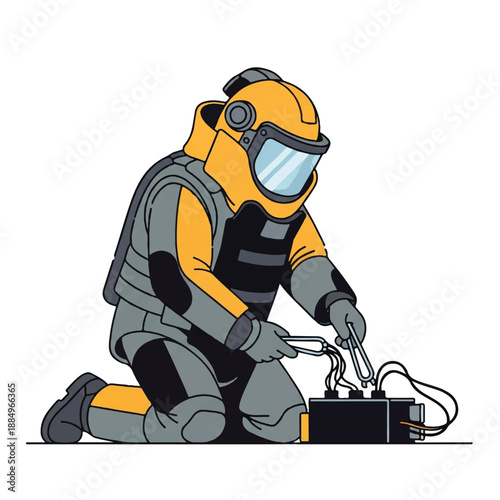 A cartoon bomb disposal expert in a yellow and gray protective suit kneeling while handling a bomb with wires on a white background.