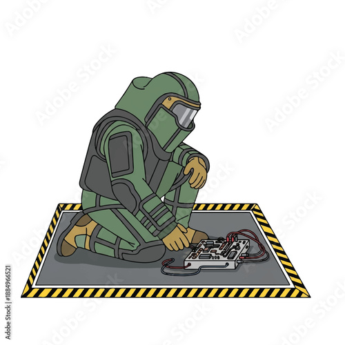 A cartoon bomb disposal expert in a green and black suit kneels on a gray mat with a yellow and black border, examining a bomb with a focused expression.