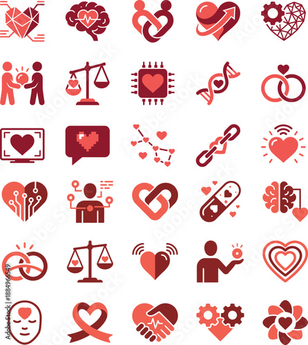 Collection of red icons representing various emotions and concepts on a neutral background viewed from directly above
