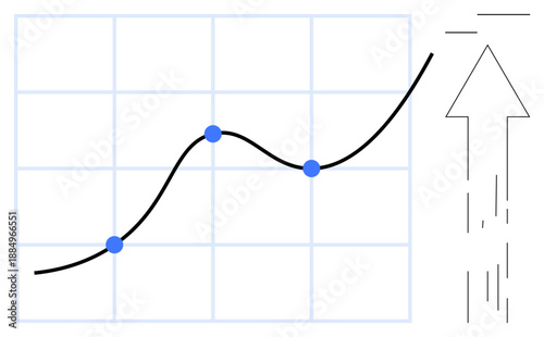 Business strategy, financial analysis, economic growth, data visualization, performance metrics, progress tracking. Line graph with blue data points and an upward arrow. Business strategy