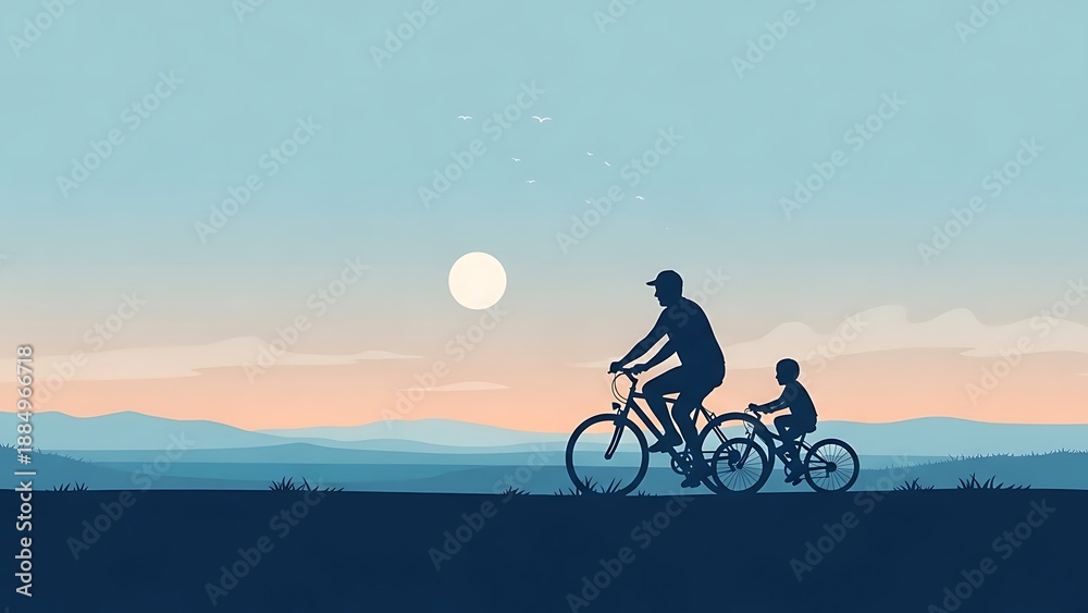 Fototapeta premium Father and child riding bicycles together on a serene landscape during international father day at dusk with a beautiful full moon rising