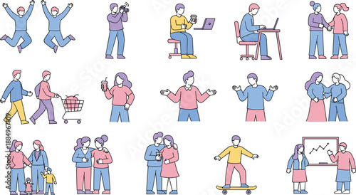 Flat vector illustration set of people characters engaging in daily activities, working, shopping, skateboarding, and jumping with joy.