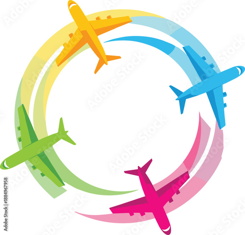 Colorful airplanes circular travel vector illustration symbolizing global tourism aviation journey motion flight routes modern business marketing design