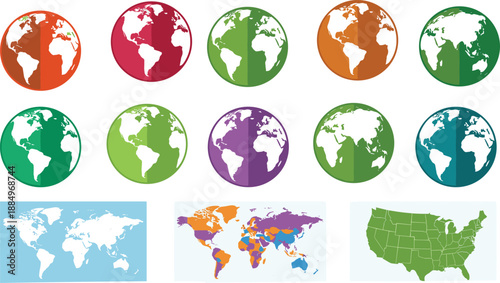Colorful world map and globe icon set illustration featuring Earth continents, global geography, international locations, and cartography symbols for education and design use