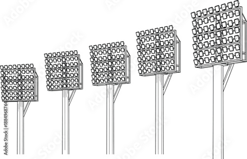 Stadium Floodlight Towers Illustration Showing Sports Arena Lighting Structures in Clean Line Art Style for Architecture, Engineering, and Outdoor Event Concepts