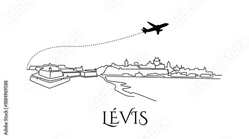 Lévis city skyline and airplane flying vector illustration