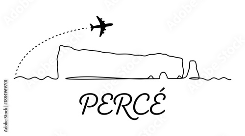 Perce Rock landmark with airplane travel vector illustration