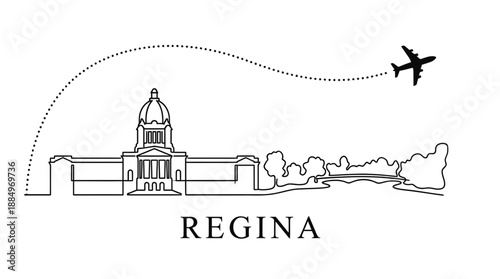 Regina city skyline with airplane travel path vector illustration