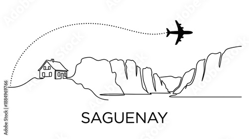 Saguenay travel landscape with airplane and house vector illustration