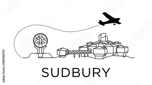 Sudbury Canada city landmarks and airplane vector illustration