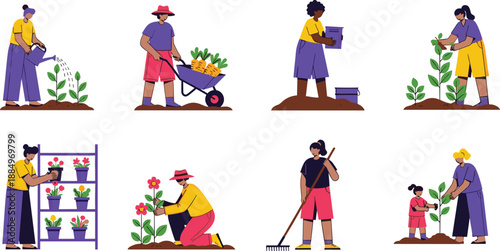Diverse People Gardening and Various Professional Characters Flat Vector Illustration Set Including Farmers Teachers Doctors and Laborers on White Background