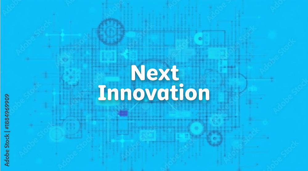 Obraz premium Cyan-blue banner with “Next Innovation” and white circuit-inspired overlay, minimalism with ample negative space, optimistic tech vibe; 4K HD