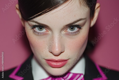Fashion Portrait of Woman with Freckles and Green Eyes Against Pink Background