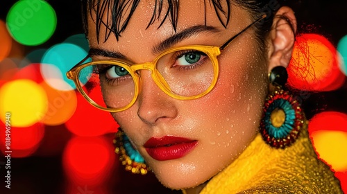 Fashion Portrait of Woman in Yellow Glasses Highlighting Rainy Urban Style