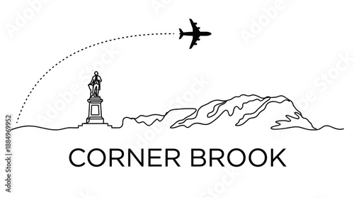 Corner Brook skyline with airplane and Captain Cook statue vector