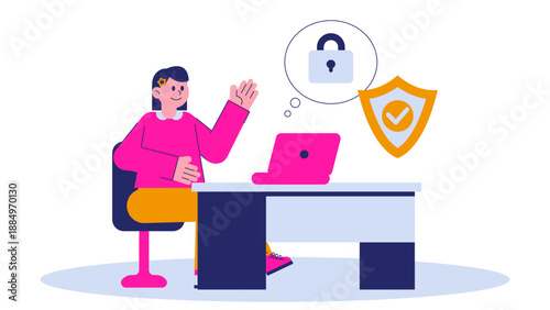 Woman working on a laptop with security symbols like a lock and shield representing cyber security and data protection